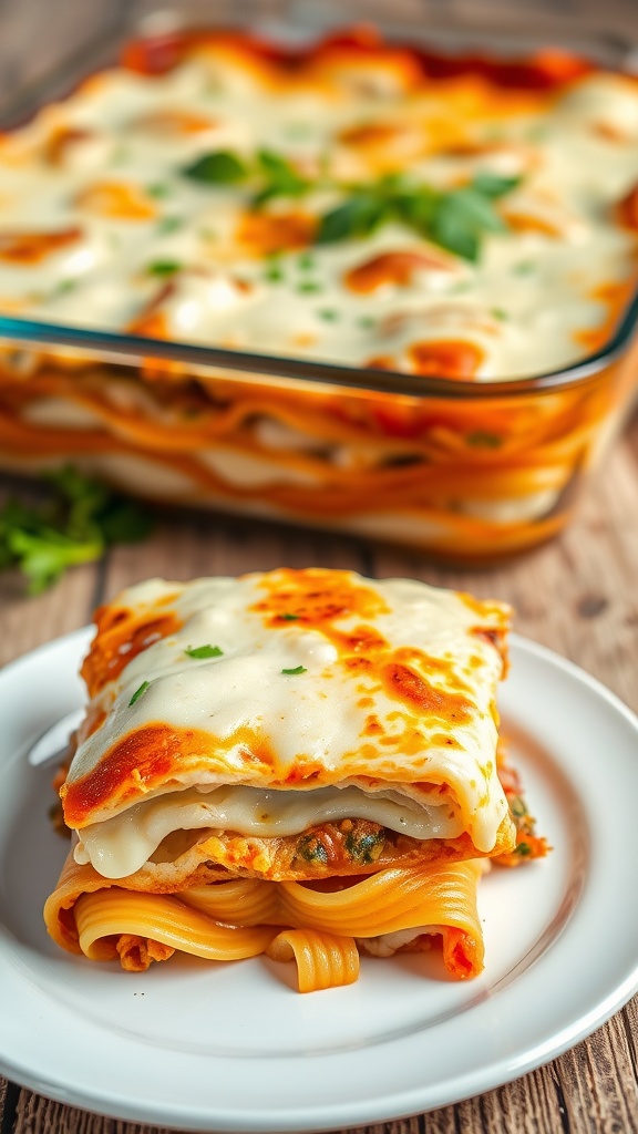 Creamy Chicken Alfredo Lasagna with layers of cheese, pasta, and chicken, garnished with parsley.